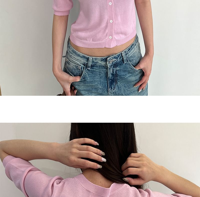 Elbow-Sleeve Crew Neck Cardigan with Buttons, Crop