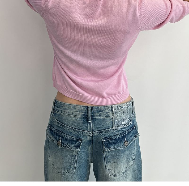 Elbow-Sleeve Crew Neck Cardigan with Buttons, Crop