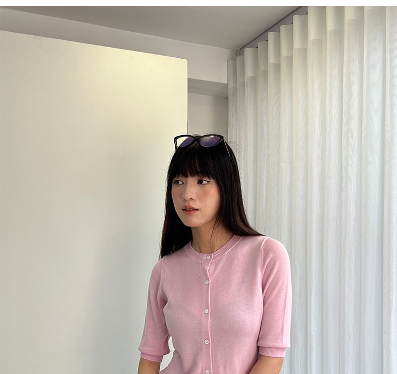 Elbow-Sleeve Crew Neck Cardigan with Buttons, Crop