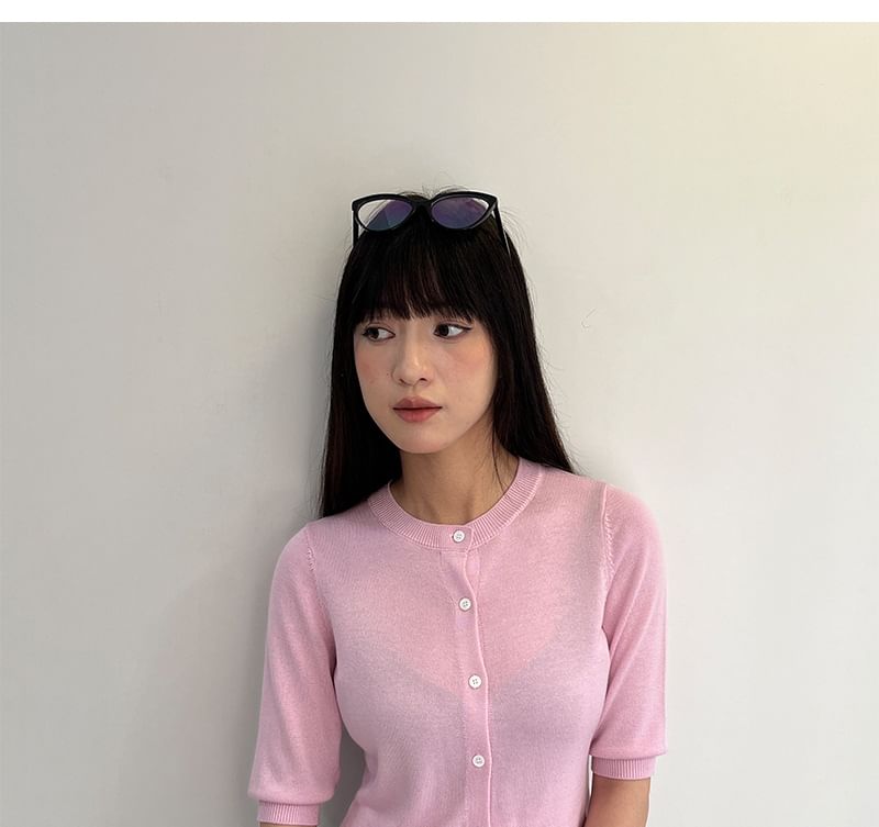 Elbow-Sleeve Crew Neck Cardigan with Buttons, Crop