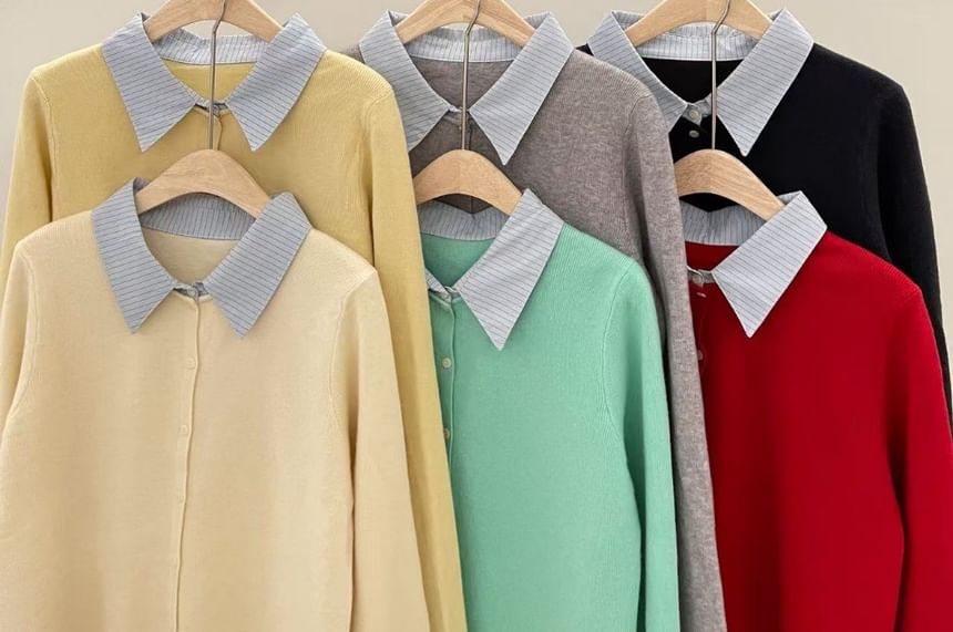 Collar Plain Mock Two-Piece Cardigan