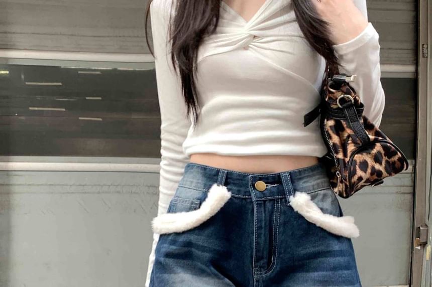 Mid Rise Fleece Washed Denim Shorts
