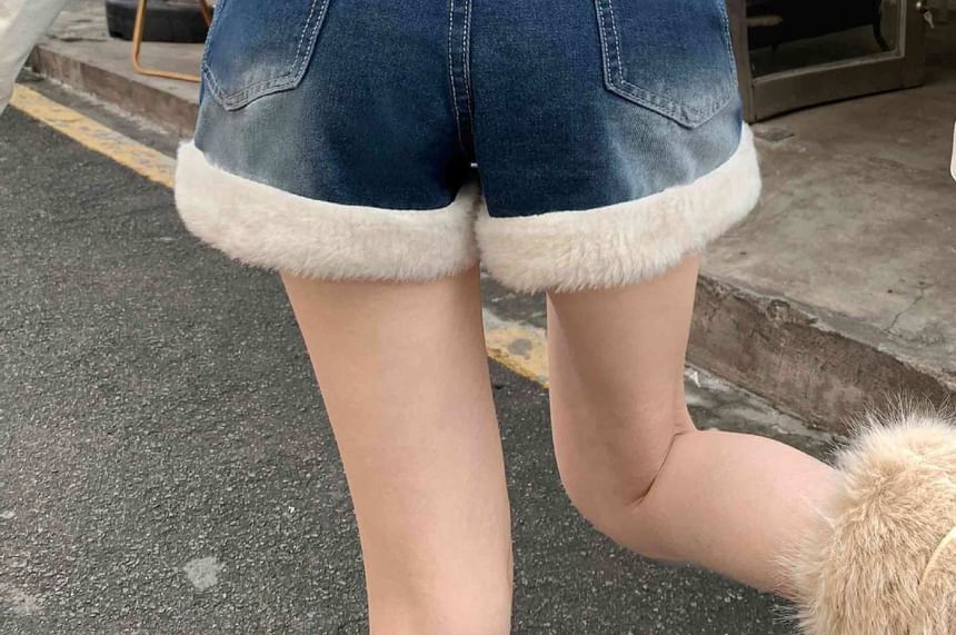Mid Rise Fleece Washed Denim Shorts