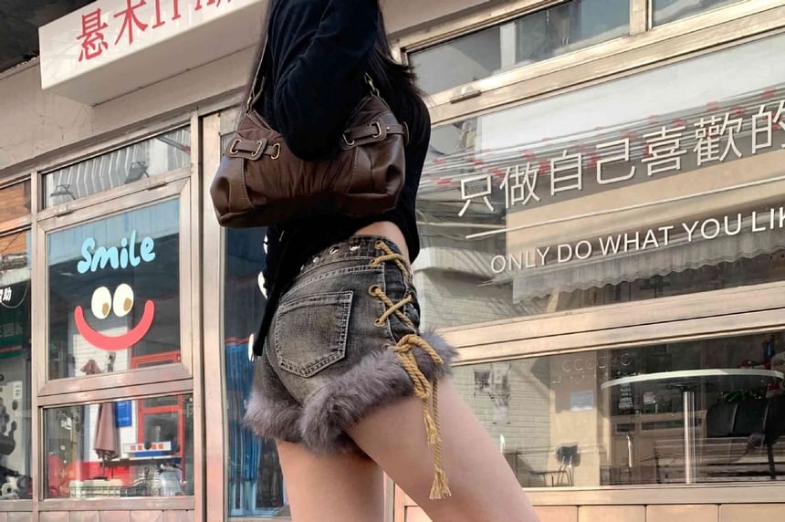 Low Rise Washed Fluffy Trim Studded Denim Shorts