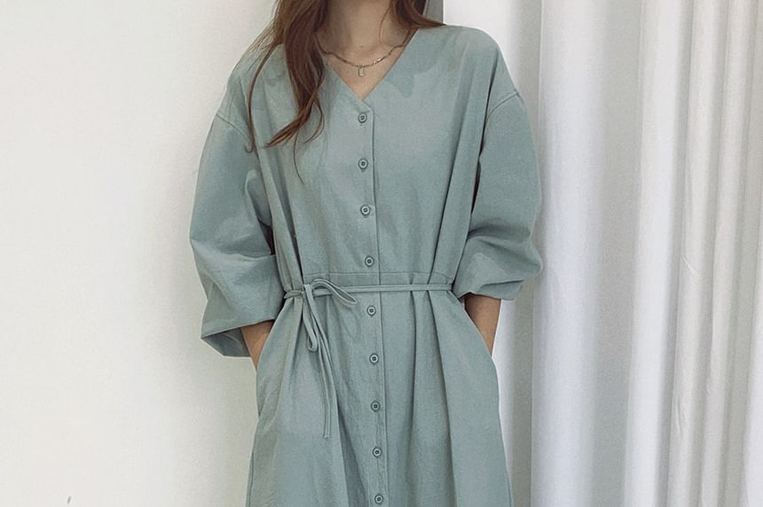 Puff-Sleeve V-Neck Plain Maxi Smock Dress