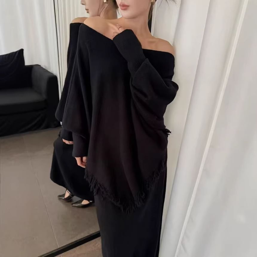 Boat-Neck Fringed Knit Set with High-Rise Maxi Skirt