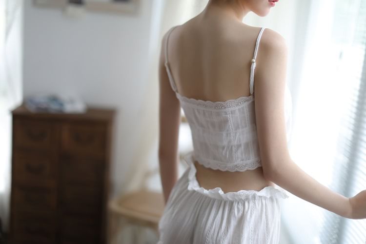 Lace Trim Tie Front Button-Up Crop Camisole Top and Shorts Set
