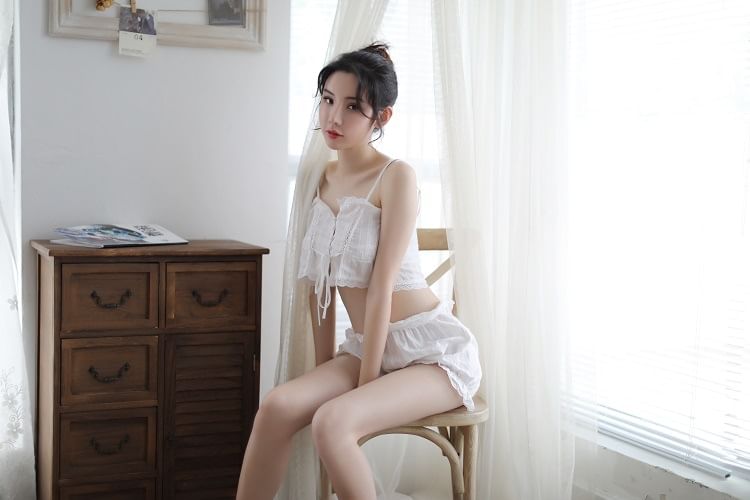 Lace Trim Tie Front Button-Up Crop Camisole Top and Shorts Set