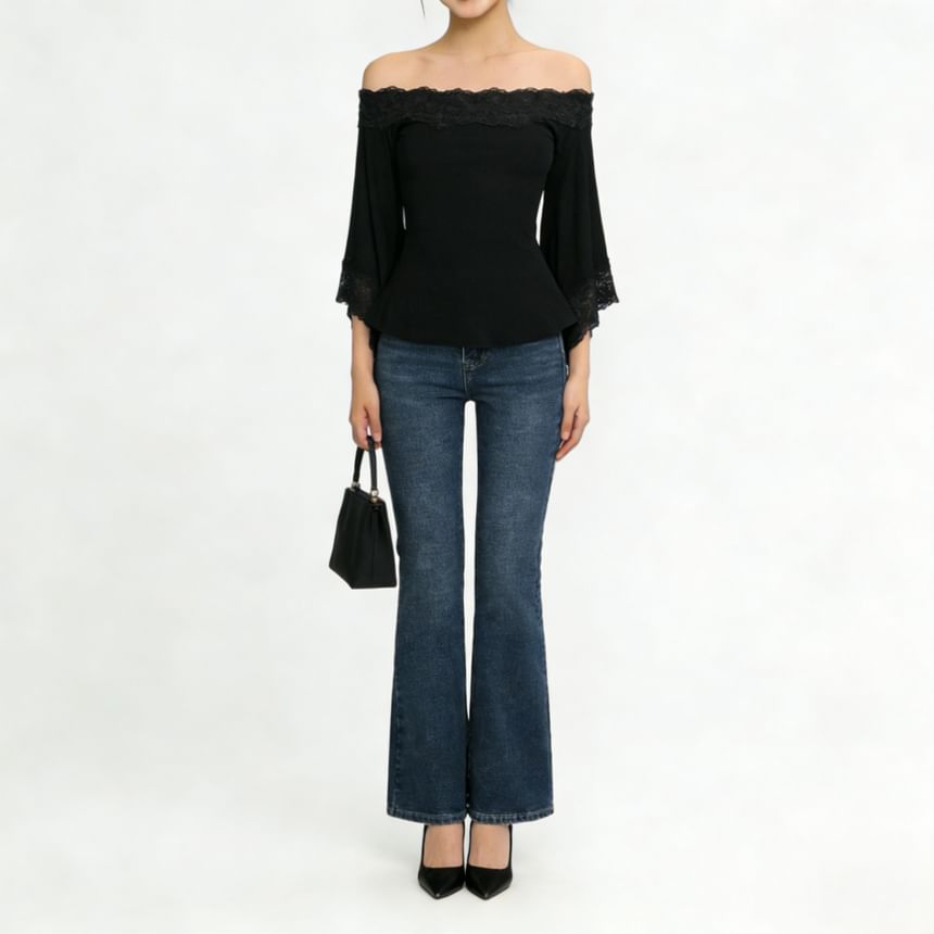 3/4-Sleeve Off Shoulder Plain Lace Trim Crop Tee