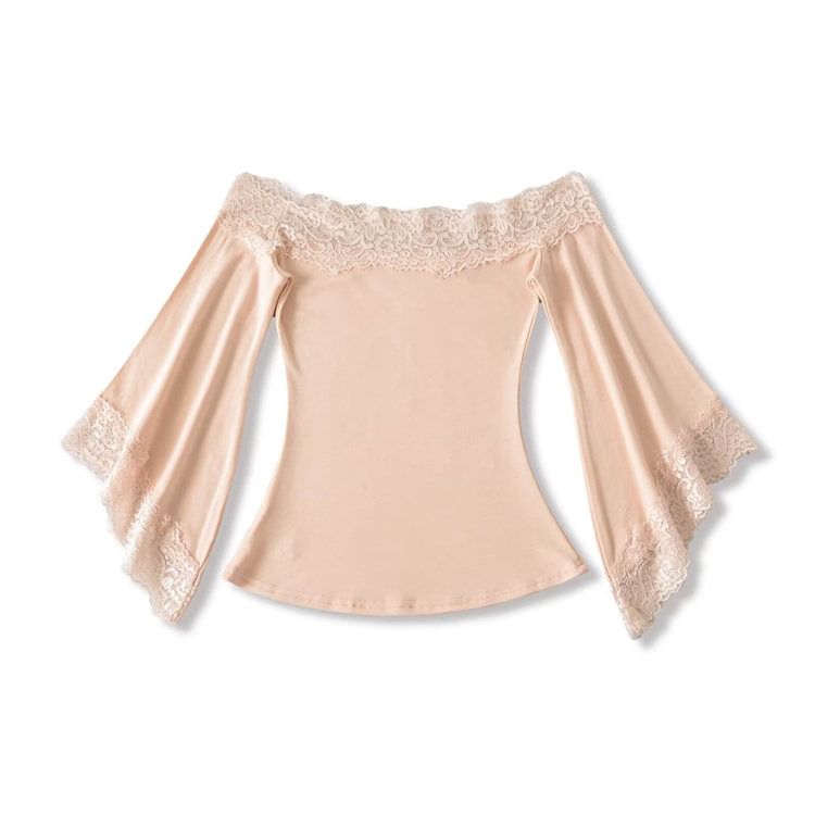 3/4-Sleeve Off Shoulder Plain Lace Trim Crop Tee