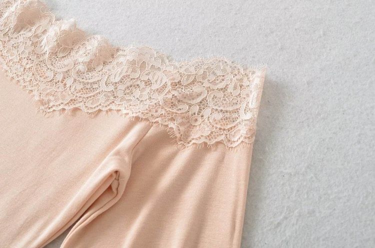 3/4-Sleeve Off Shoulder Plain Lace Trim Crop Tee