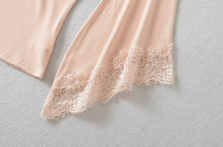 3/4-Sleeve Off Shoulder Plain Lace Trim Crop Tee