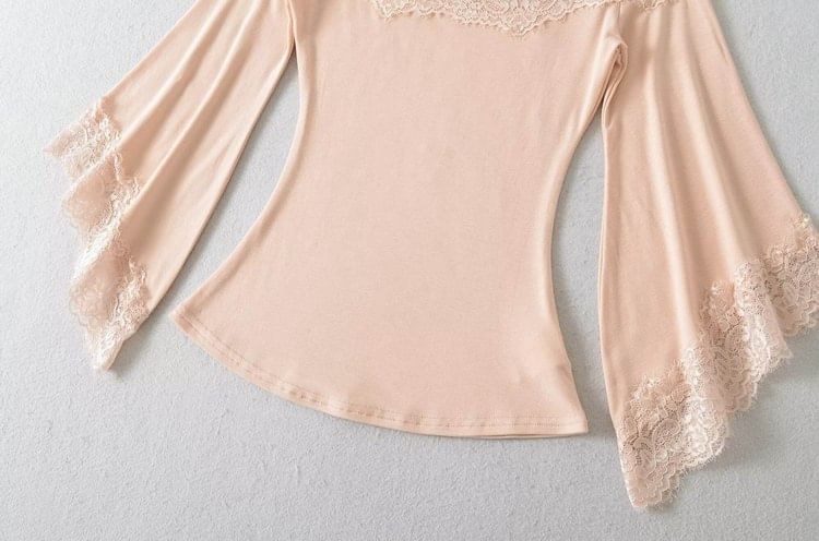 3/4-Sleeve Off Shoulder Plain Lace Trim Crop Tee