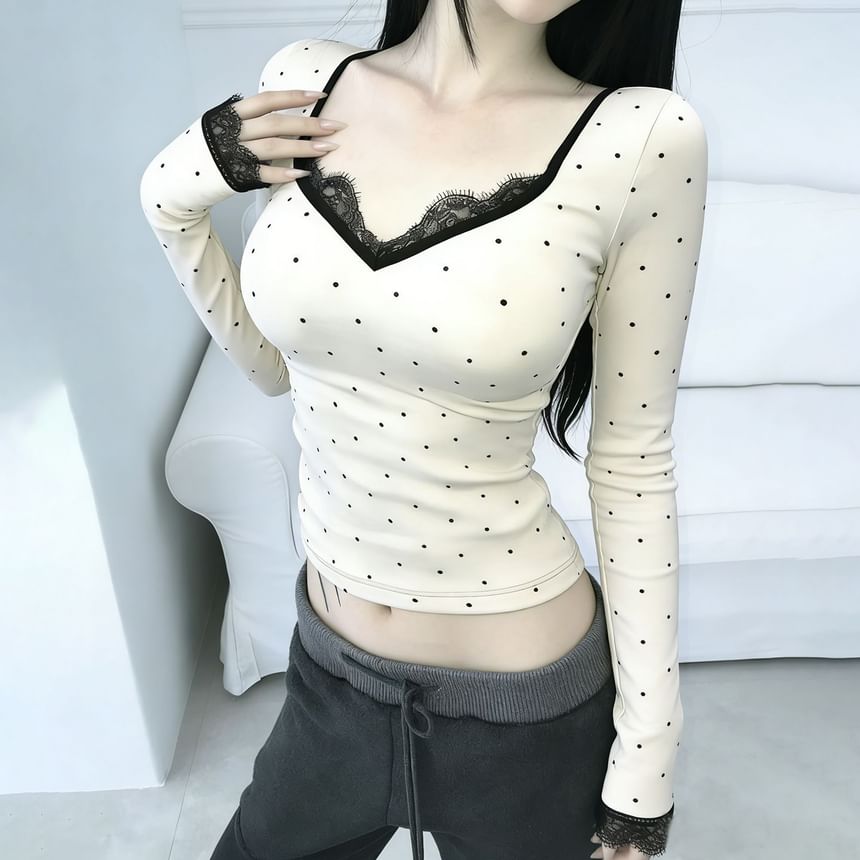 Dotted Crop Top with Lace Trim V-Neck and Long Sleeves