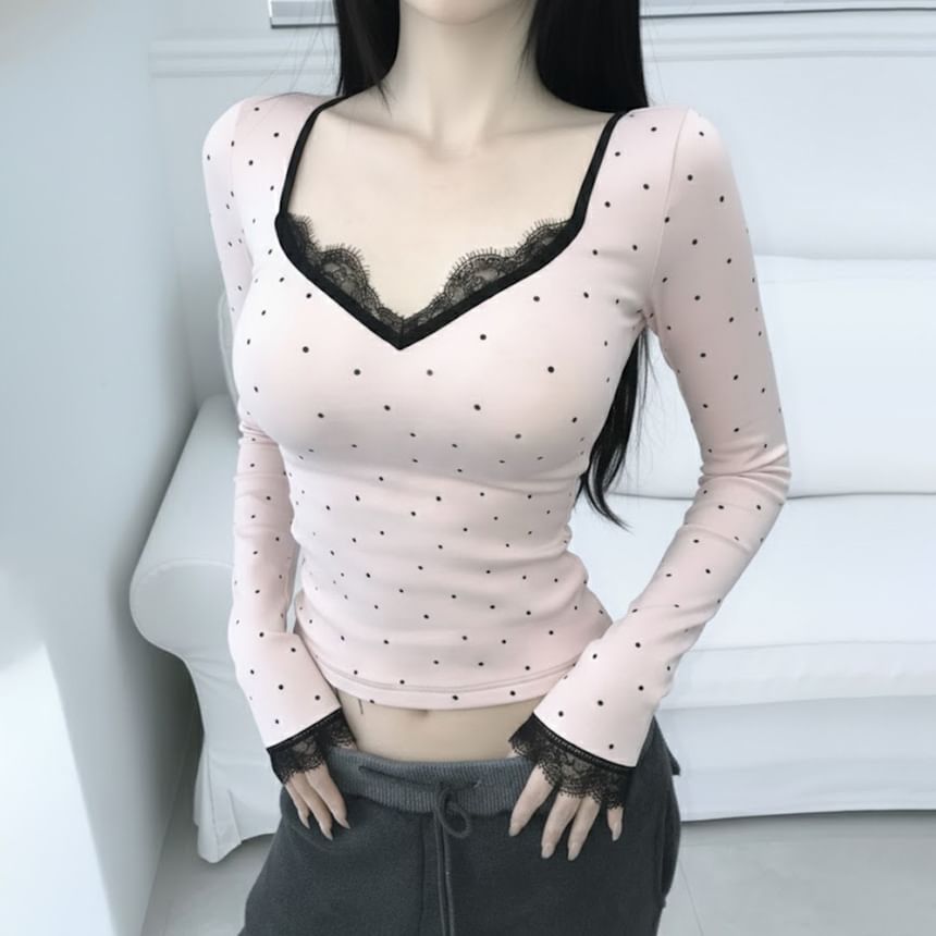 Dotted Crop Top with Lace Trim V-Neck and Long Sleeves