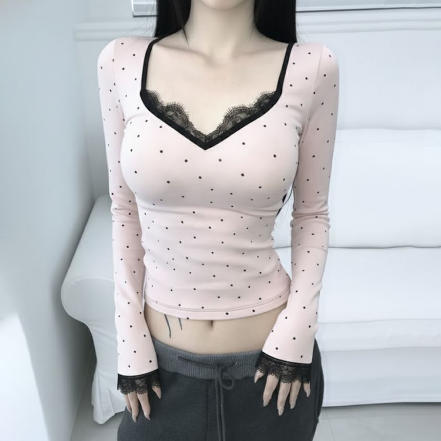 Dotted Crop Top with Lace Trim V-Neck and Long Sleeves