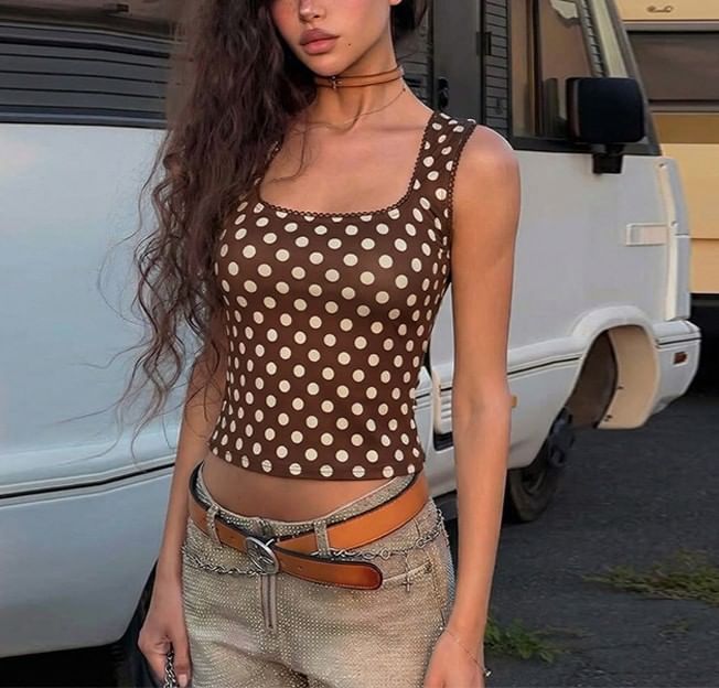 Dotted Square-Neck Crop Tank with Lace Trim
