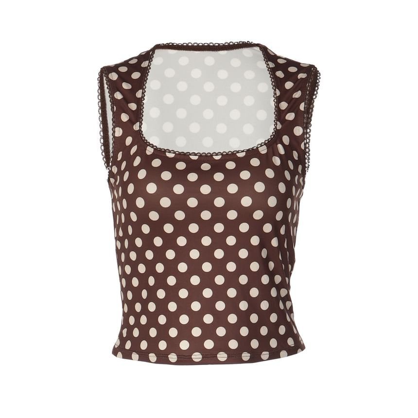Dotted Square-Neck Crop Tank with Lace Trim