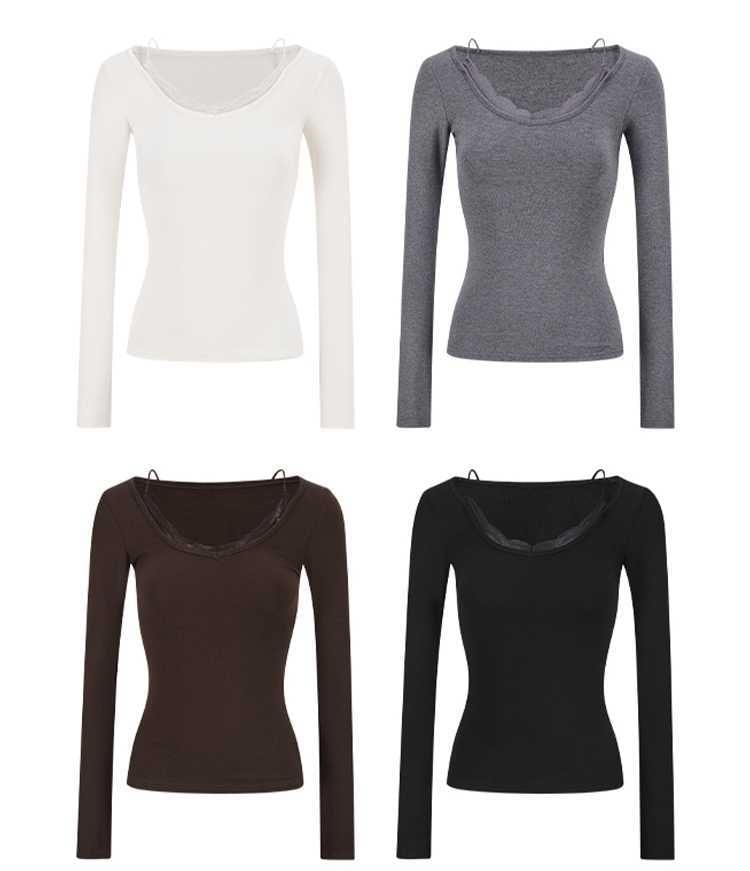 Slim Fit Lace Panel V-Neck Tee with Mock Two-Piece Design