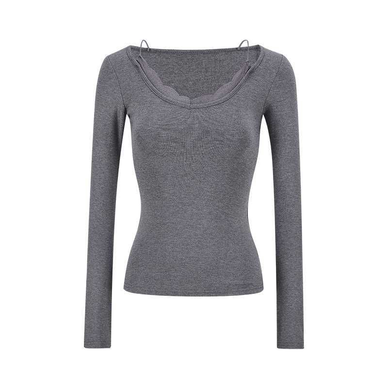 Slim Fit Lace Panel V-Neck Tee with Mock Two-Piece Design