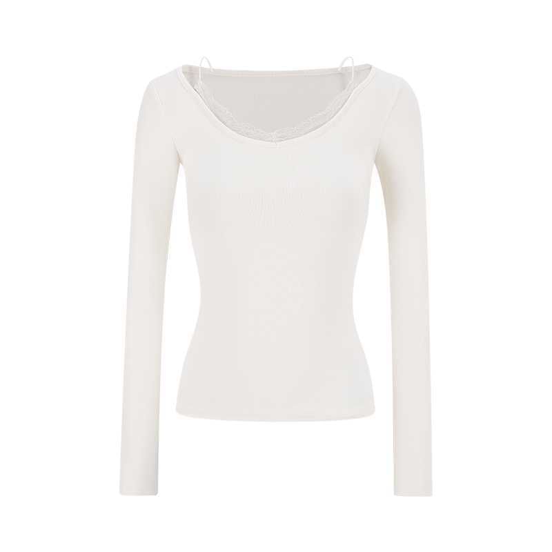 Slim Fit Lace Panel V-Neck Tee with Mock Two-Piece Design