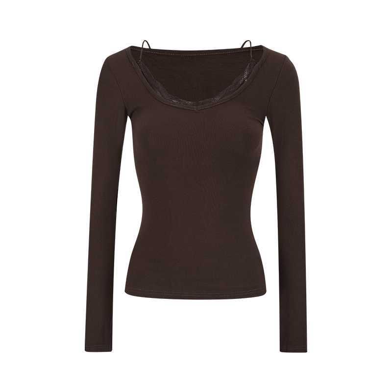 Slim Fit Lace Panel V-Neck Tee with Mock Two-Piece Design