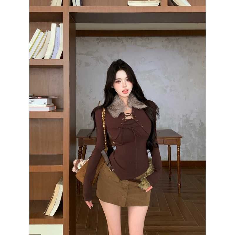 Fluffy Collar Lace-Up Tee with Asymmetrical Long Sleeves