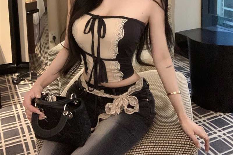 Two-Tone Tube Top Set with Lace Trim and Skinny Scarf