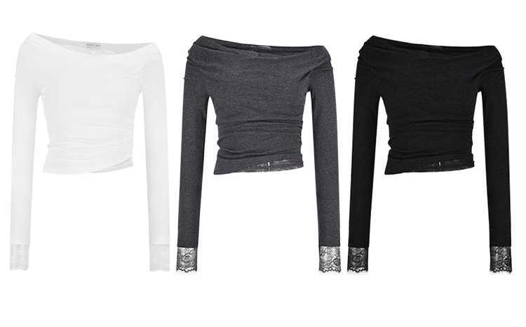 Off-Shoulder Crop Top with Ruched Lace Panel and Long Sleeves