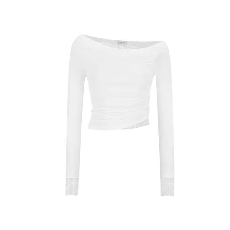 Off-Shoulder Crop Top with Ruched Lace Panel and Long Sleeves