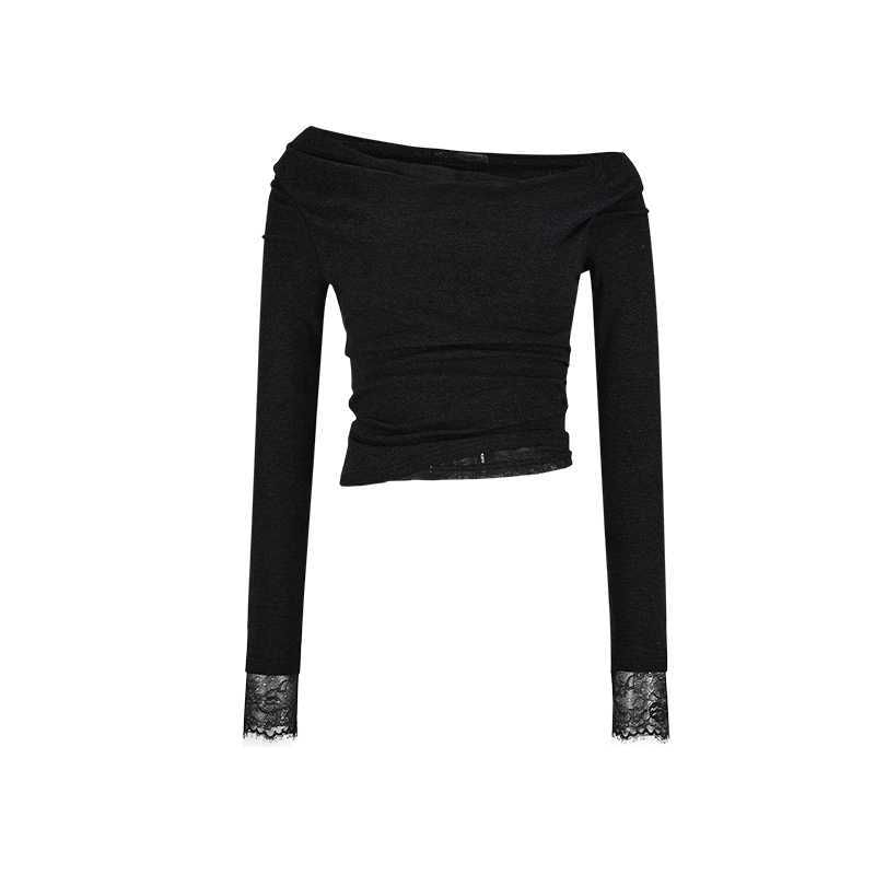 Off-Shoulder Crop Top with Ruched Lace Panel and Long Sleeves