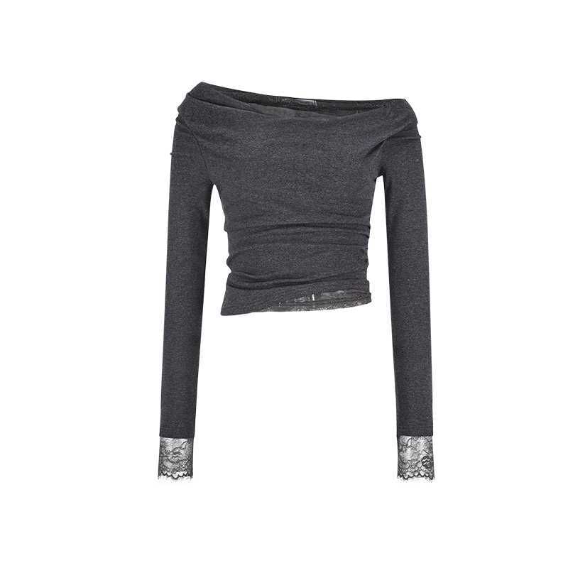 Off-Shoulder Crop Top with Ruched Lace Panel and Long Sleeves