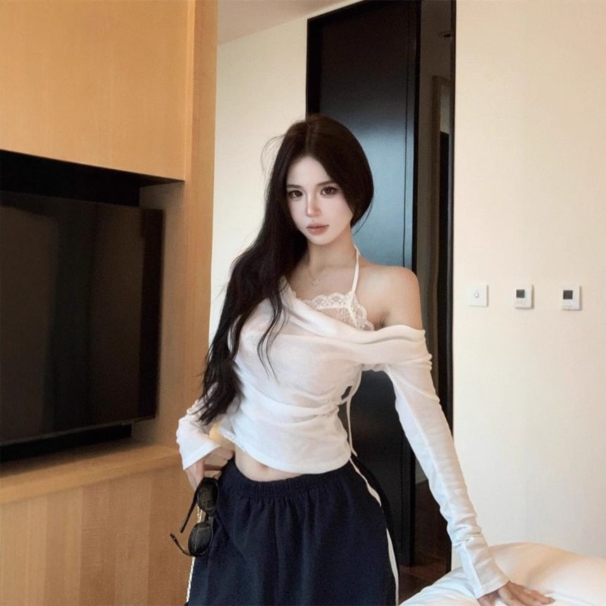 Off-Shoulder Lace Panel Mock Two-Piece Tee