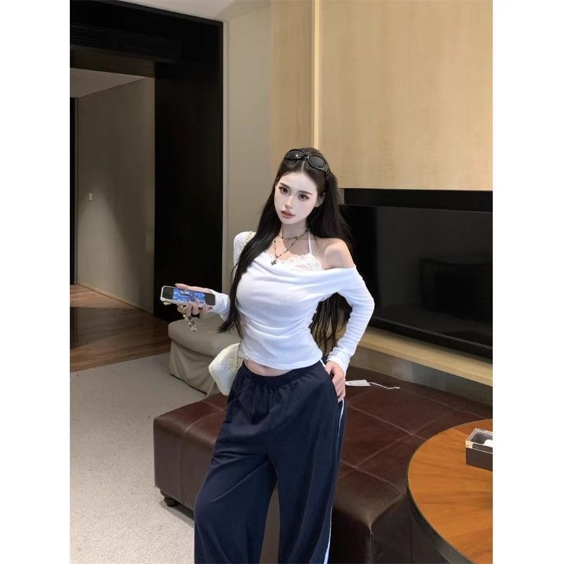 Off-Shoulder Lace Panel Mock Two-Piece Tee