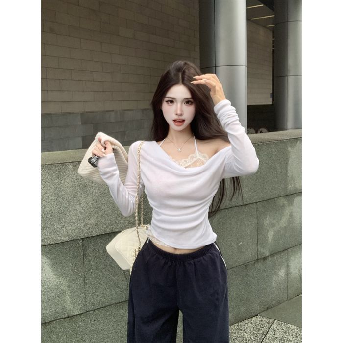 Off-Shoulder Lace Panel Mock Two-Piece Tee
