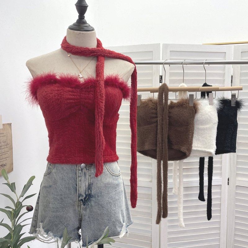 Set: Strapless Fluffy Trim Tube Top & Light Scarf