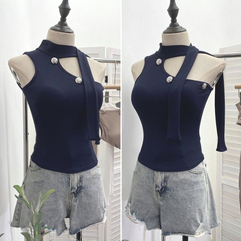 Asymmetrical Mock Neck Sleeveless Top
