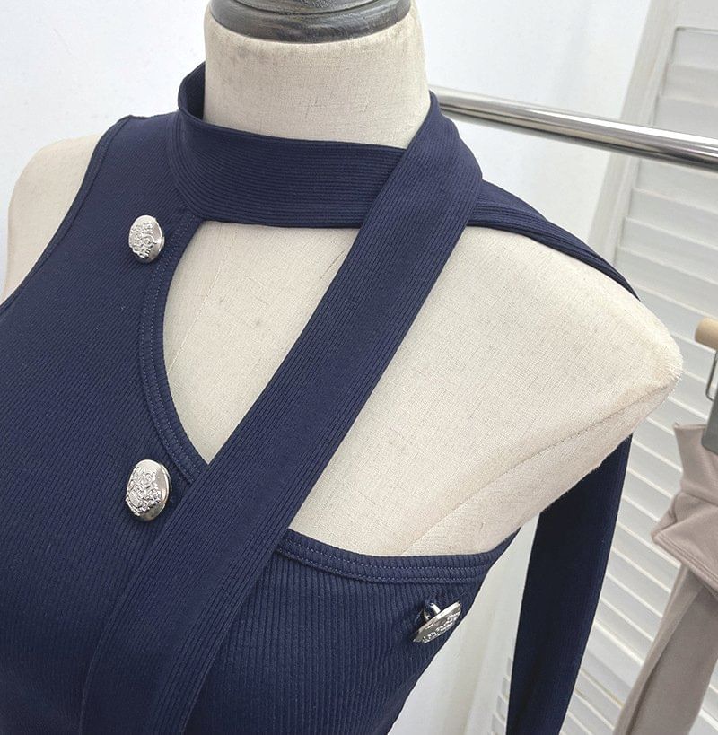 Asymmetrical Mock Neck Sleeveless Top