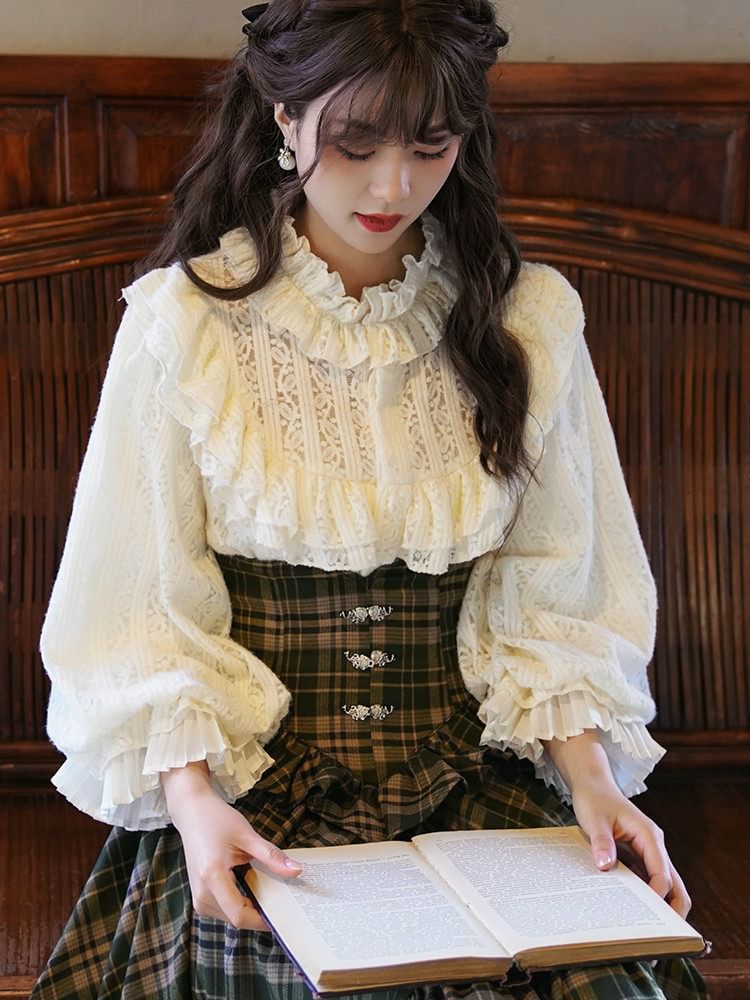 Lace Trim Blouse and Plaid Midi Skirt Set