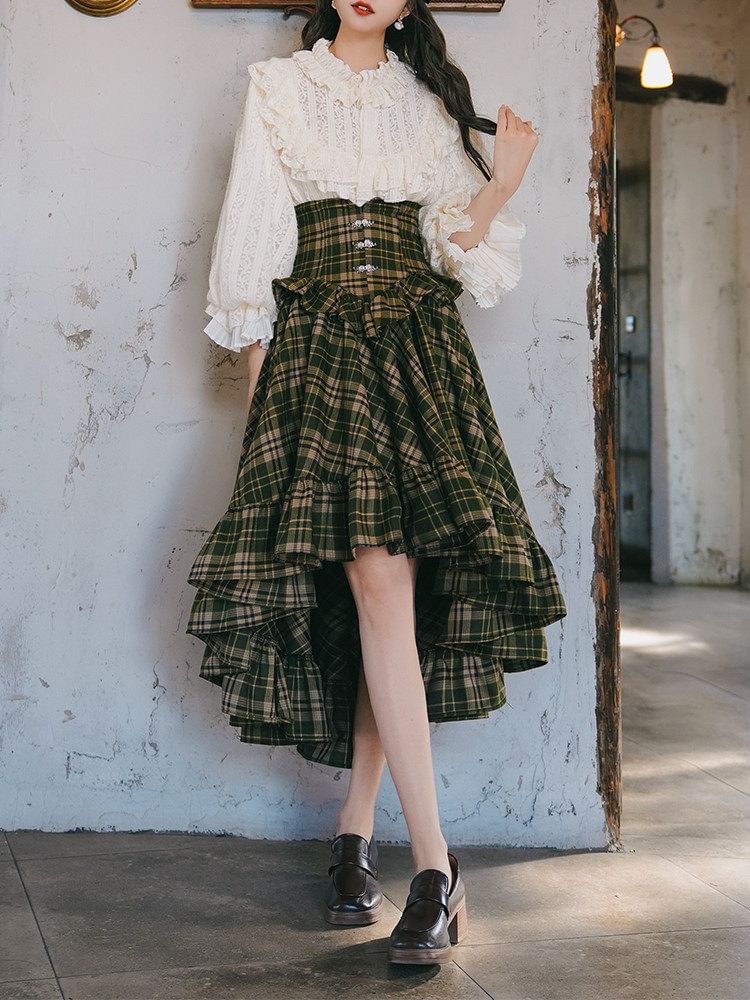 Lace Trim Blouse and Plaid Midi Skirt Set