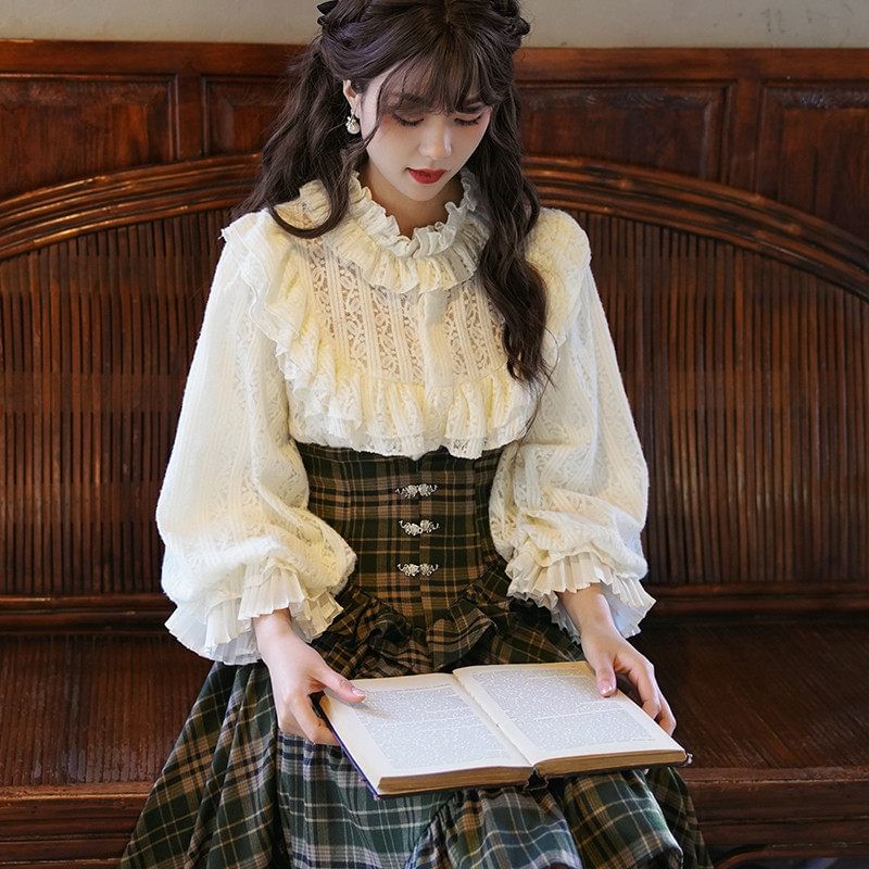 Lace Trim Blouse and Plaid Midi Skirt Set