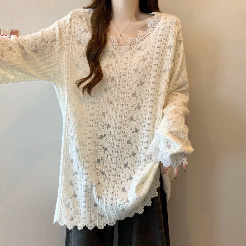 Lace V-Neck Tee with Long Sleeves