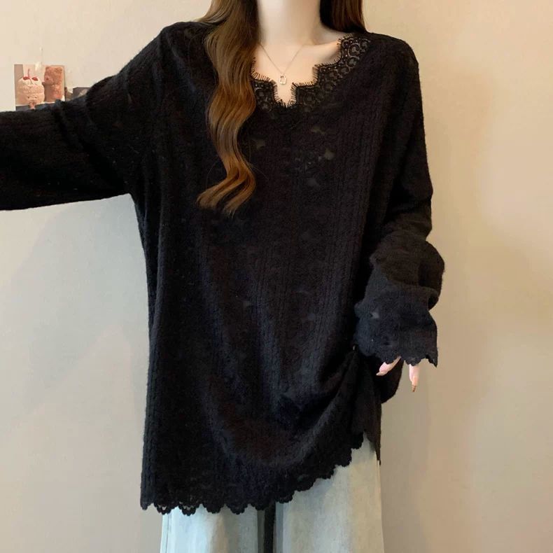 Lace V-Neck Tee with Long Sleeves