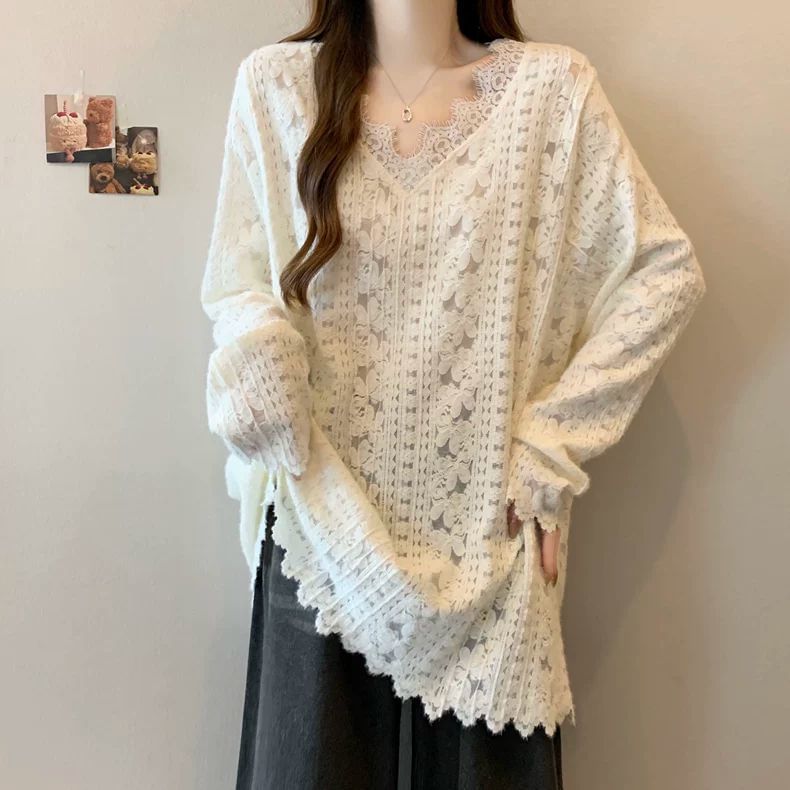 Lace V-Neck Tee with Long Sleeves