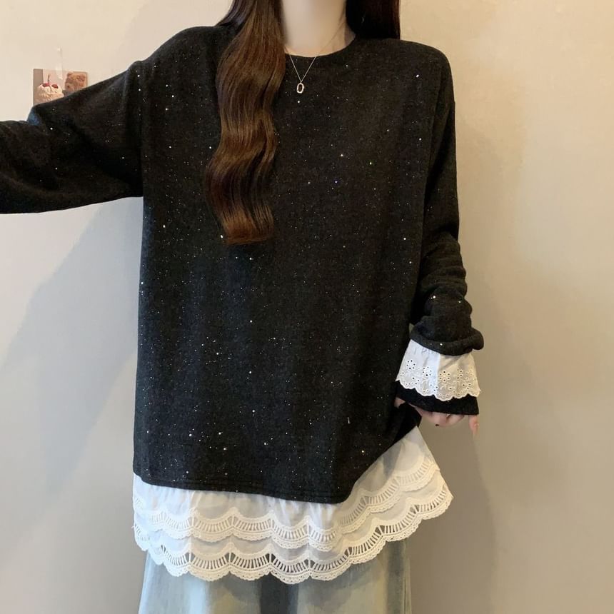 Crewneck Tee with Lace Hem and Long Sleeves