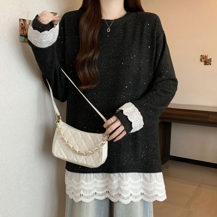 Crewneck Tee with Lace Hem and Long Sleeves