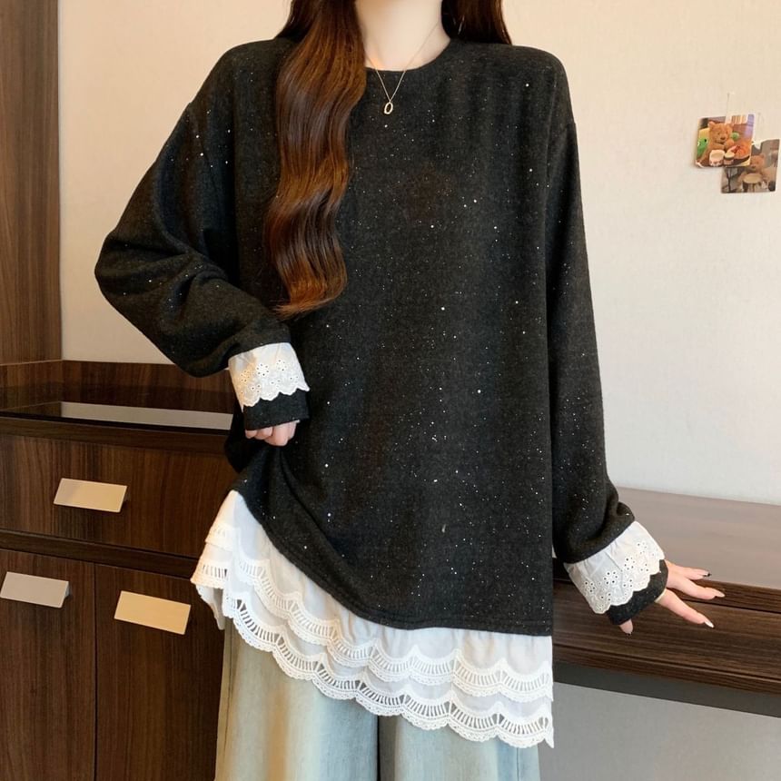 Crewneck Tee with Lace Hem and Long Sleeves