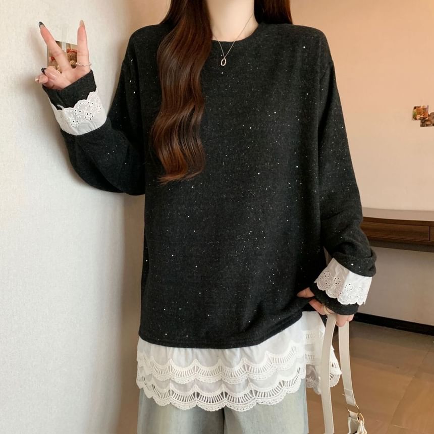 Crewneck Tee with Lace Hem and Long Sleeves