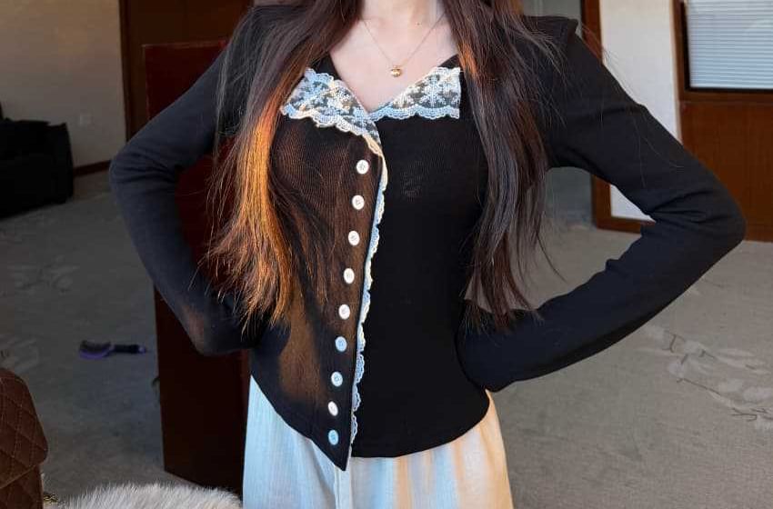 Open Placket Lace Top with Button Panel and Long Sleeves