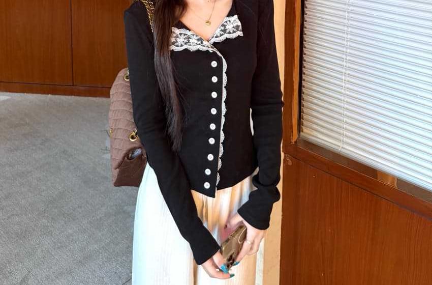 Open Placket Lace Top with Button Panel and Long Sleeves